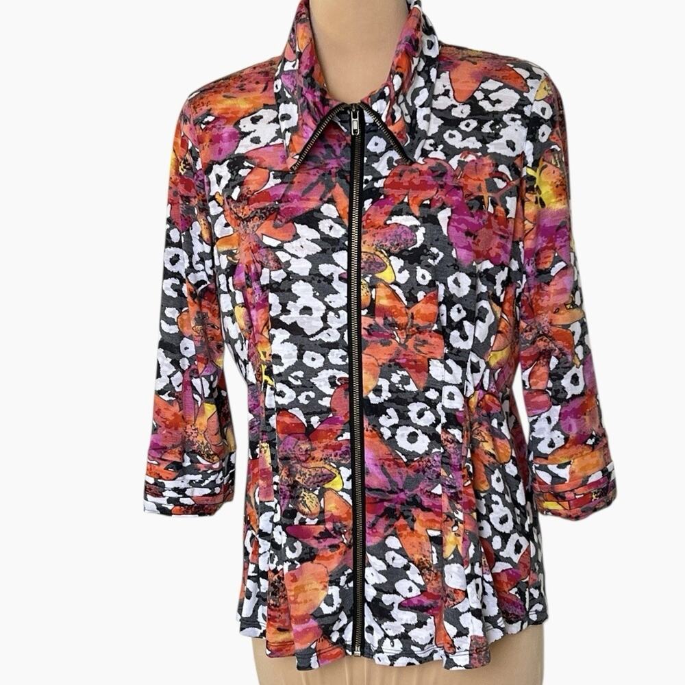 Multiples Jacket Petite Large PL Zip Y2K Boho Maximalist Tropical Floral Cheetah